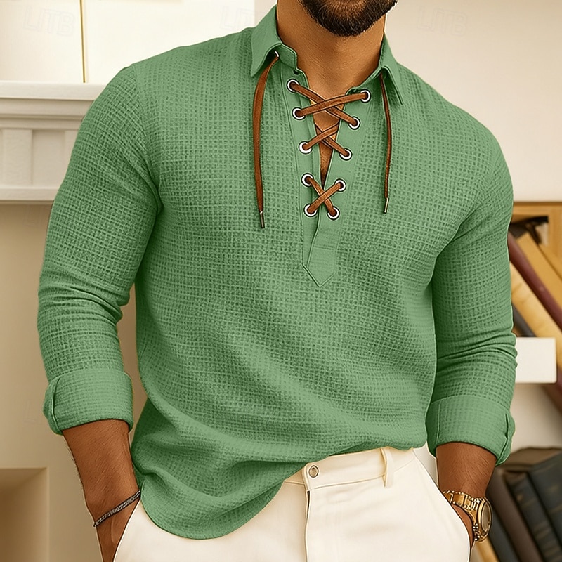 Men's Shirt Summer Shirt Casual Shirt Button Up Shirt Waffle Knit Shirt Black Pink Blue Green Long Sleeve Plain Lapel Vacation Casual Drawstring Clothing Apparel Fashion Casual Comfortable