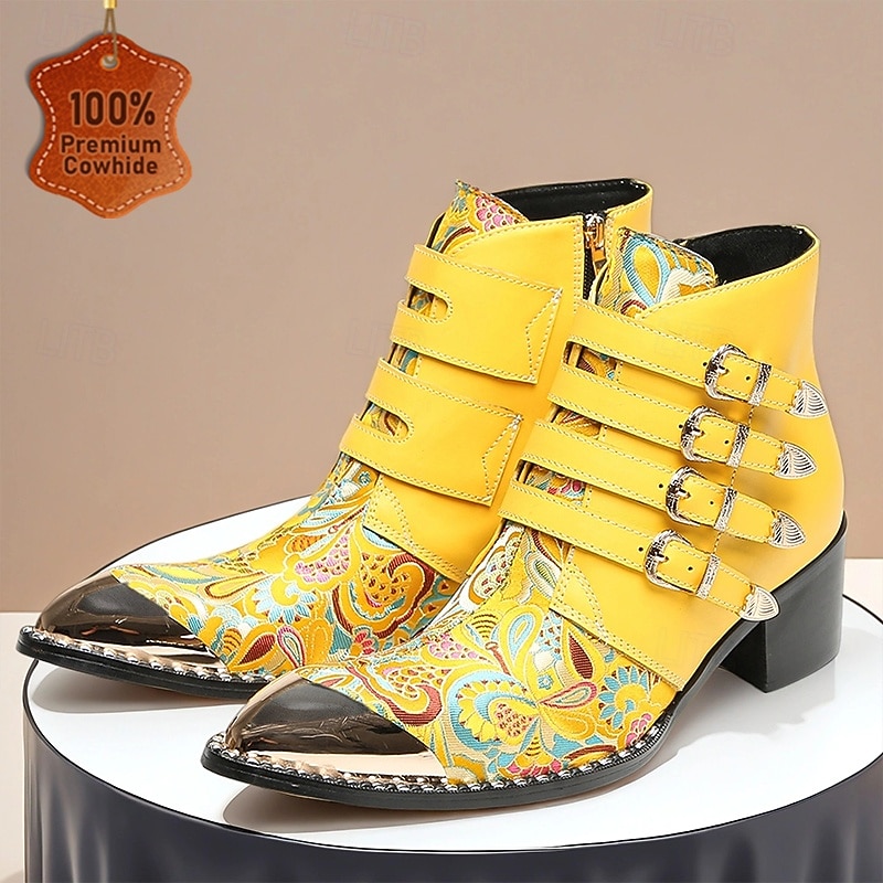 Men's Genuine Cowhide Leather Yellow Embroidered Ankle Boots with Multi Buckle Straps – Unique Gothic Style Party and Concert Footwear
