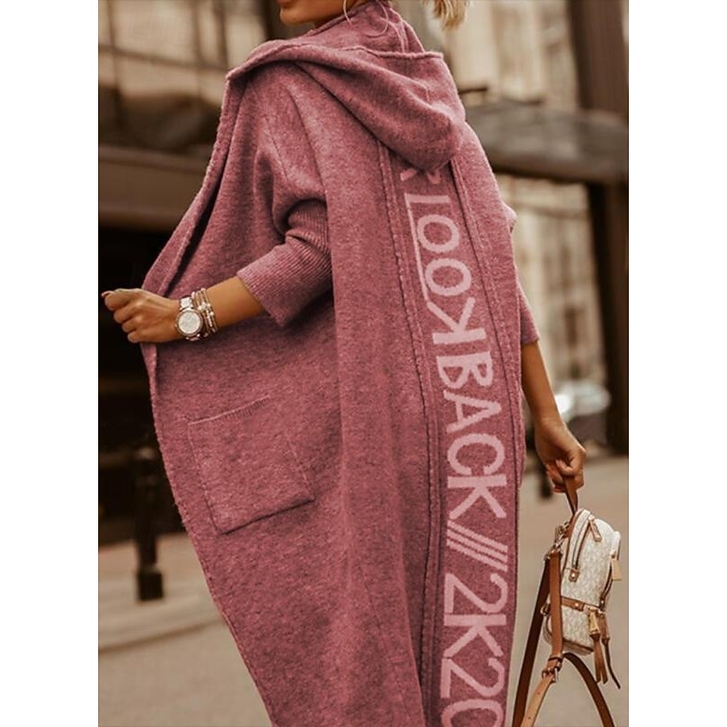 Women's Sweater Cardigan Elegant Fashion Streetwear Letter Hooded Open Front Pocket Knitted Print Long Sleeve Long Tops Knit Outdoor Daily Weekend Pink Khaki Spring Fall3