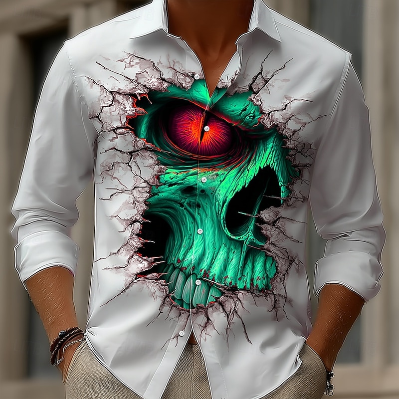 Halloween Men's Skull Big Eyes Cracked Wall Shirt Button Up Shirt Long Sleeve Dark Gothic Style Holiday Streetwear Spring Fall Turndown 3D Print Collared Shirts Red Blue Purple Green2