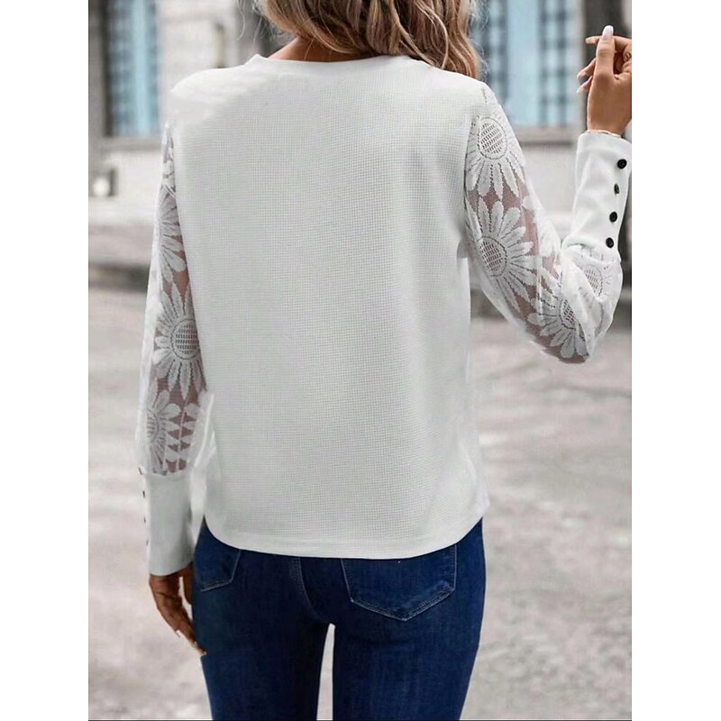 Women's Blouse Elegant Stylish Basic Long Sleeve Crew Neck Regular Tops Daily Lace Buttons Black White Pink Beige Gray Spring Fall Winter2