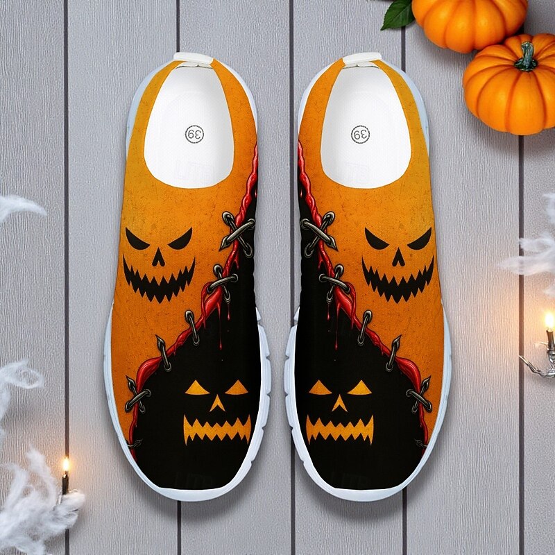 Men's Halloween Pumpkin Face Sneakers – Lightweight Breathable Slip-On Running Shoes for Party and Casual Wear2