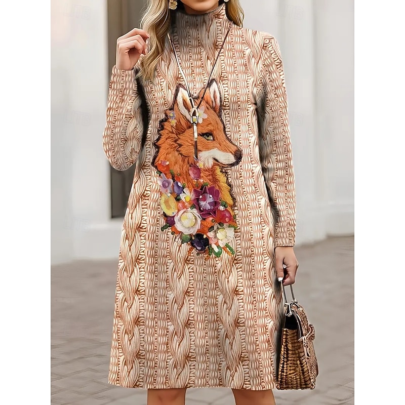 Women's Sweater Dress Mini Dress Shift Dress A Line Dress Vacation Party Casual Outdoor Home Casual Loose Fit Graphic Animal Plaid Long Sleeve Turtleneck Blue khaki Spring Fall Winter