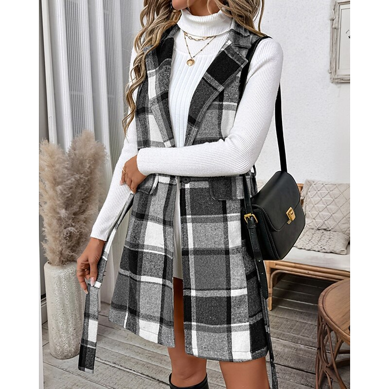 Women's Vest Comfortable Pocket Classic Casual Plaid Vacation Street Casual Going out Long Turndown Regular Fit Sleeveless Outerwear Light Grey Fall Winter2