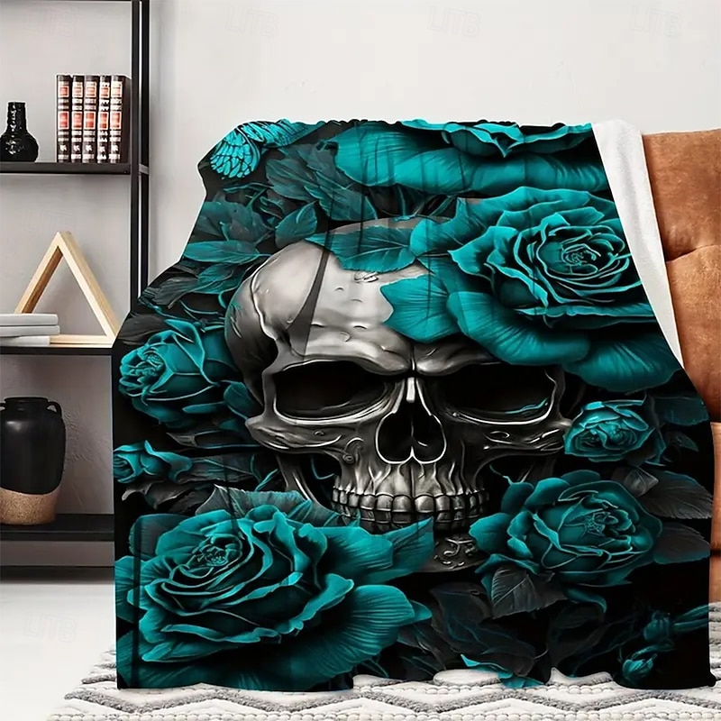 Halloween Fleece Throw Blanket for Couch Skeleton Rose 3D Dark Punk Gothic Style Party Sofa Bed Decorative Warm Blanket Home Decor2