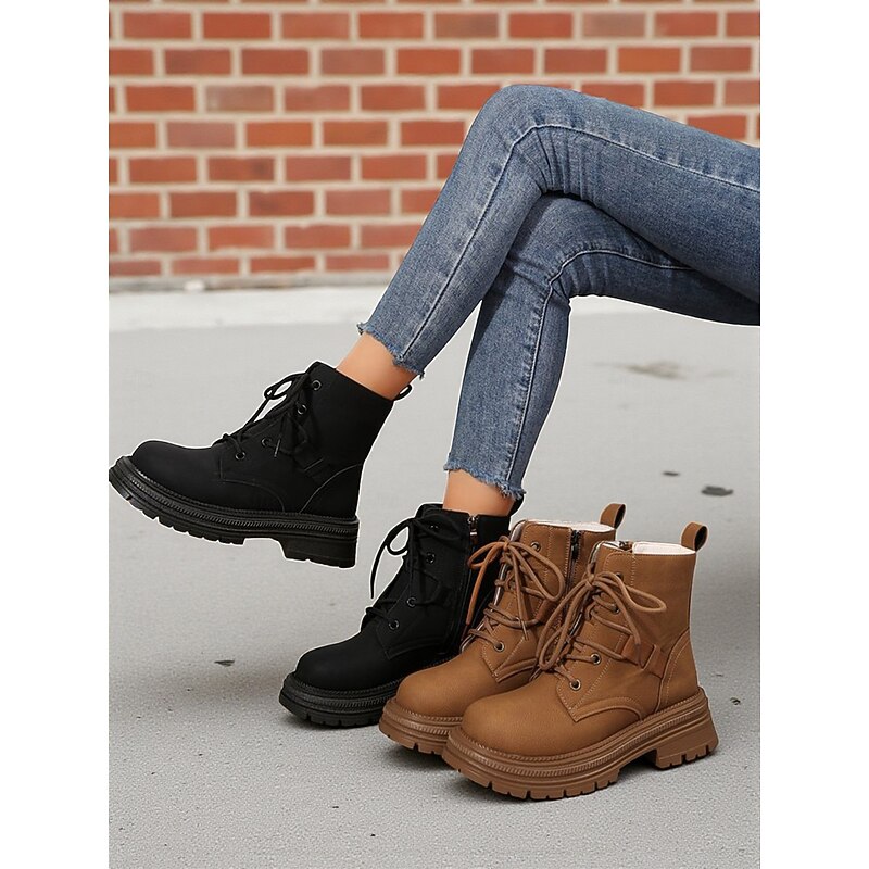 Women's Brown Combat Lace-Up Boots with Thick Sole, Casual Punk Style Ankle Boots for Outdoor and Street Fashion