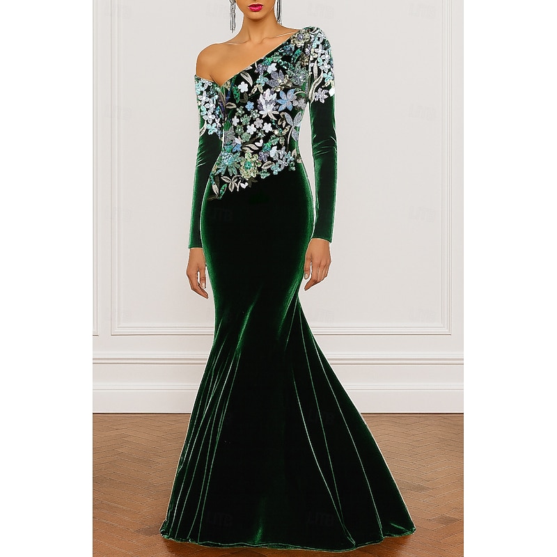 Green Mermaid / Trumpet Evening Gown Elegant Formal Dress Formal Wedding Floor Length Long Sleeve One Shoulder Velvet with Embroidery Appliques 2025