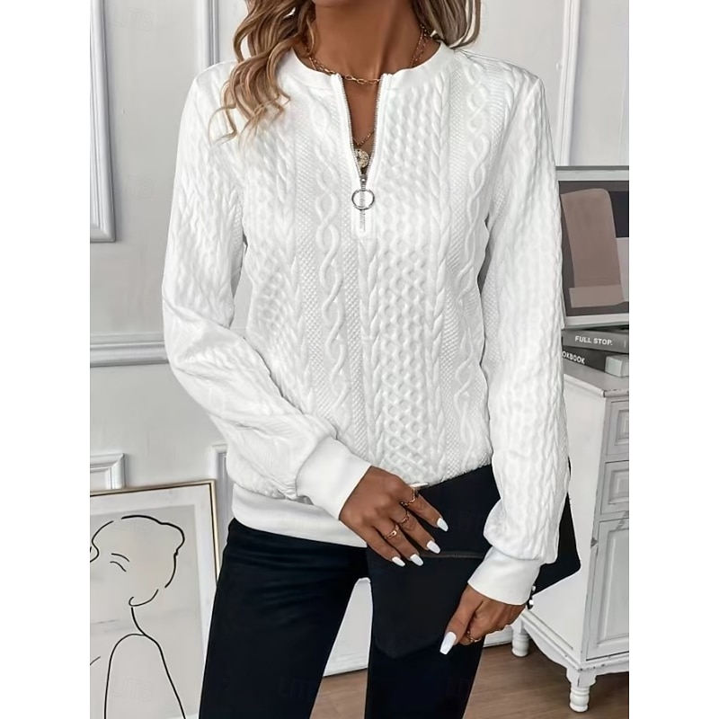 Women's Blouse Solid Color Stylish Casual Long Sleeve Crew Neck Regular Tops Daily Zipper Black White Pink Blue Spring Fall Winter3
