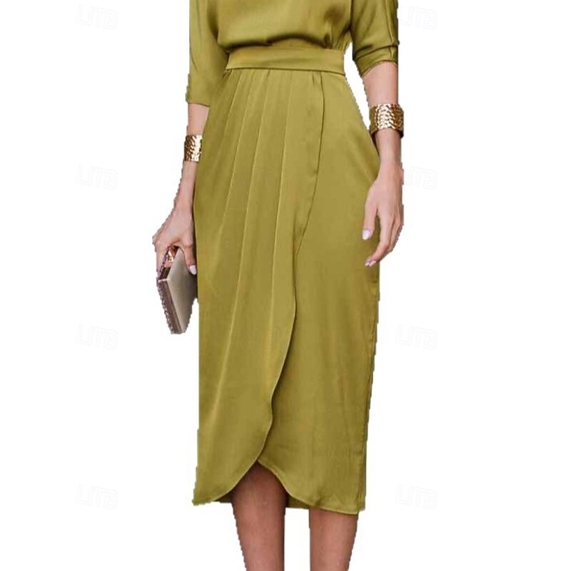 Women's Midi Dress Cocktail Dress Satin Dress Formal Dress Elegant Dress Elegant Fashion Modern Outdoor Office Regular Fit Plain Long Sleeve Crew Neck Wine Green Fall Winter3
