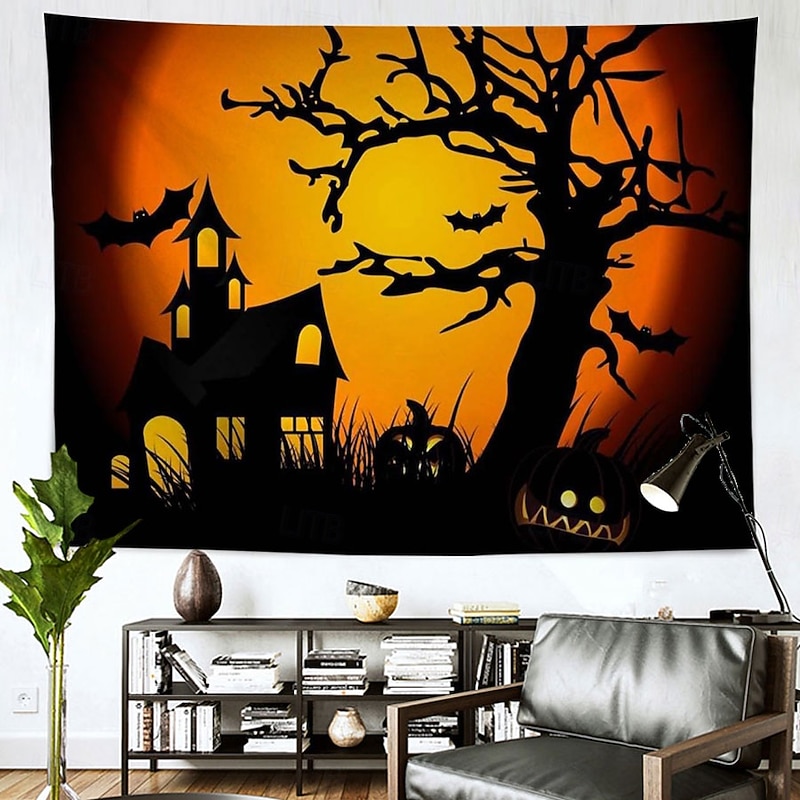 Halloween Castle Pumpkin Full Moon Tapestry Peach Velvet Wall Banner Scary Night Bats Halloween Party Decoration Photography Background Cake Table Photo Booth Studio Props2