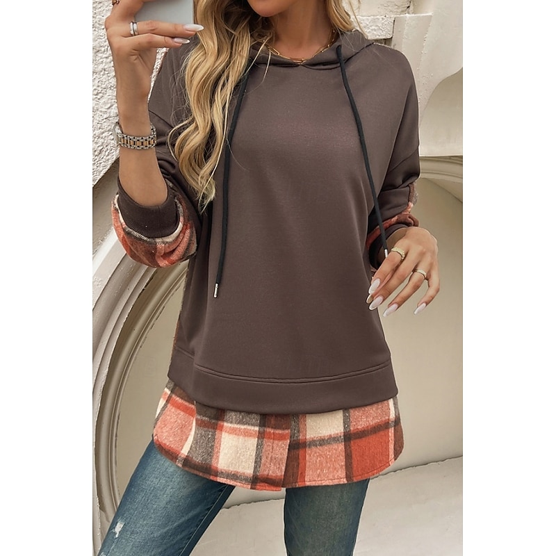 Women's Blouse Plaid Stylish Casual Beach Long Sleeve Hooded Regular Tops Daily Patchwork Black Brown Green Khaki Spring Fall Winter3