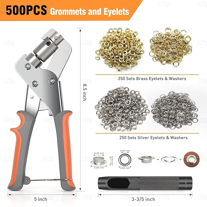 Heavy Duty Professional Grommets Tool Kit 3/8 Inch 10mm Handheld Eyelet Kit DIY Handheld Hole Punch Grommet Kit with 200/500 Eyelet Buckles, Metal Air Hole Rivet Installation Tools3