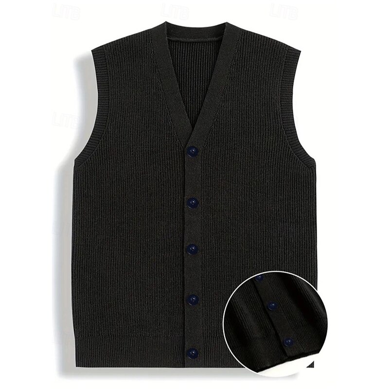 Men's Sweater Vest Dress Sweater Vest Knitwear Cardigan Vest Ribbed Knit Regular Tops Buttons Plain V Neck Fashion Classic Vacation Daily Wear Clothing Apparel Fall Winter Black S M L3