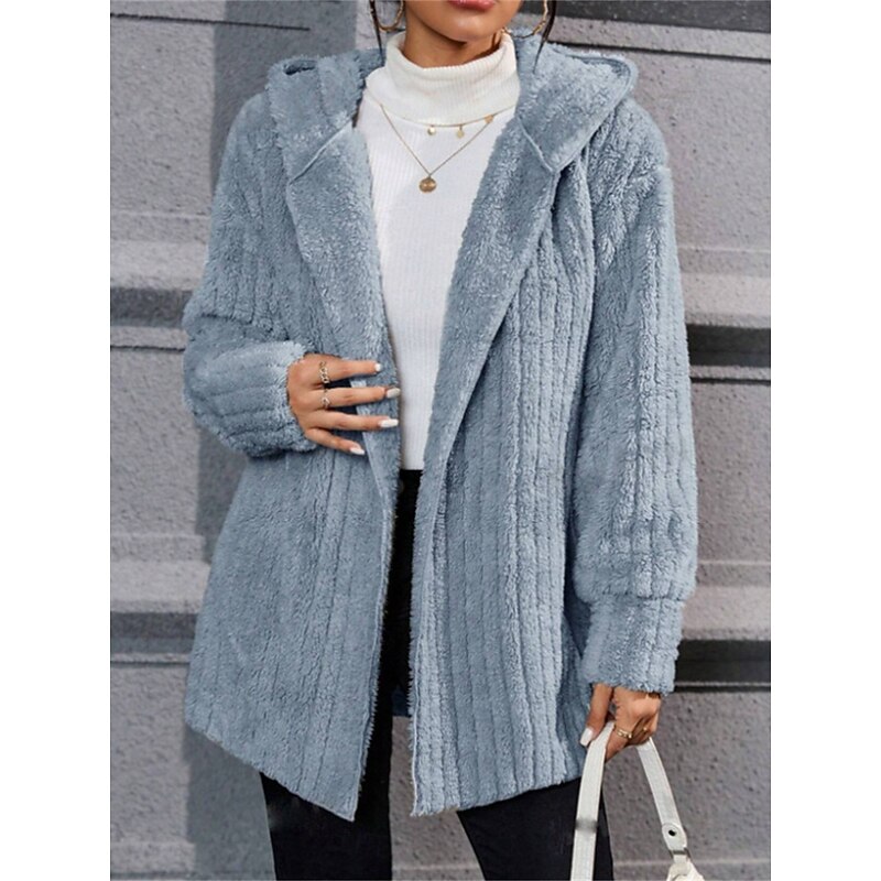 Women's Winter Coat Sherpa Jacket Hoodie Jacket Comfortable Breathable Open Front Casual Plain Vacation Street Casual Daily Wear Open Front Regular Hooded Regular Fit Long Sleeve Outerwear Black Navy3