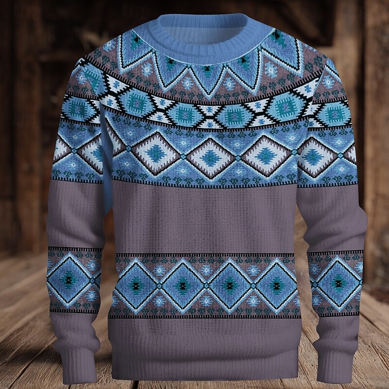 Christmas Men's Fair isle Sweater Pullover Sweater Jumper Knitwear Crewneck Casual Vacation Daily 3D Print Keep Warm Long Sleeve Spring Fall Winter Blue Orange Brown3