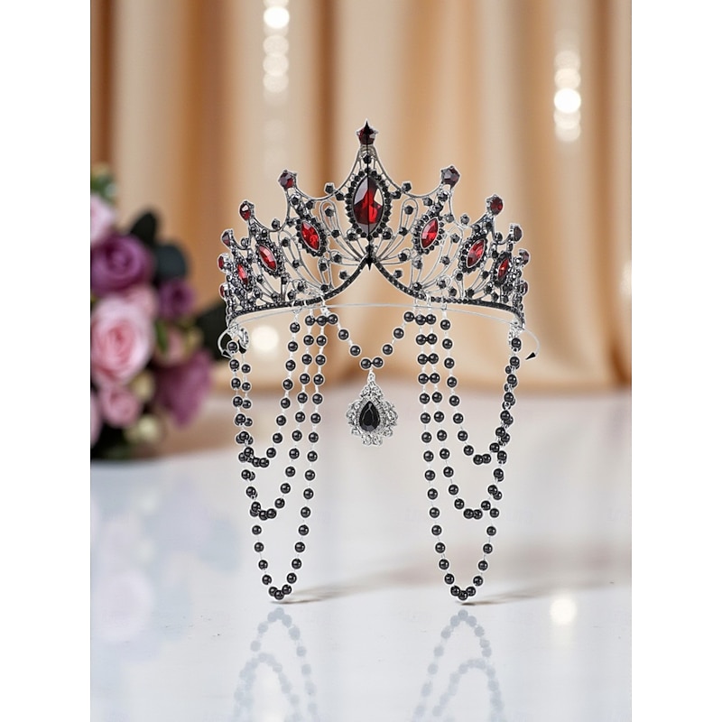 Women's Gothic Crown Headpiece with Black Beads and Red Gems - Vintage Tiara for Halloween Party Costume and Cosplay4