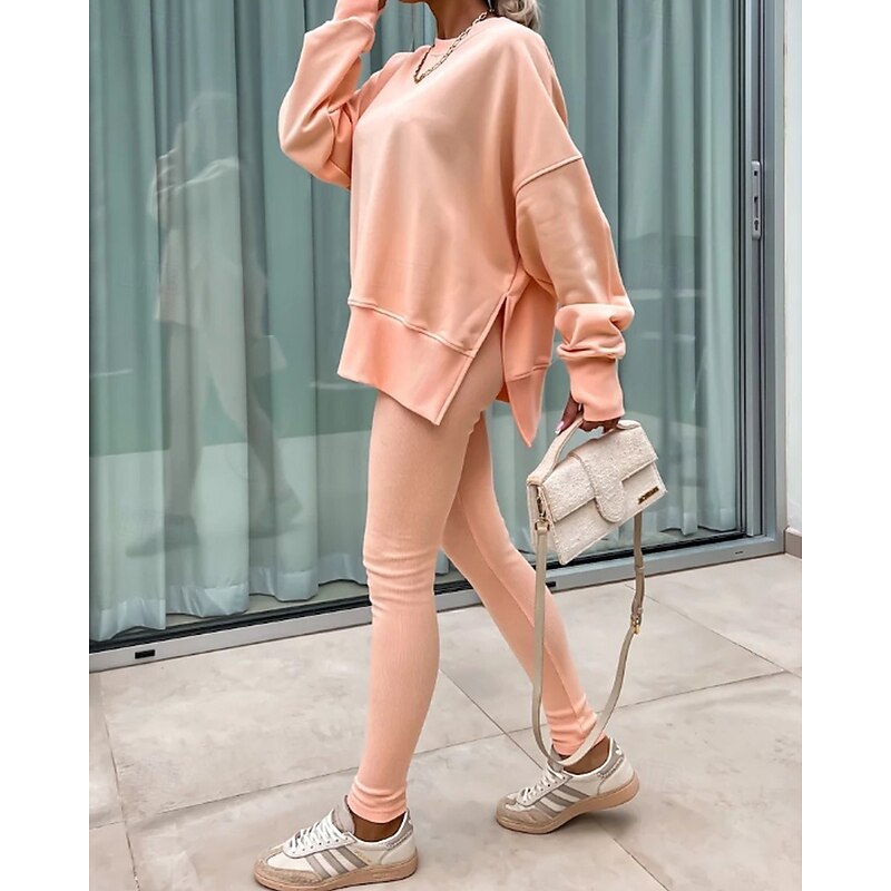 Women's Active Streetwear Blouse Pants Sets Sweatshirt Long Sleeve Crew Neck Solid Color Split Thigh Vacation Daily Wear Going out Pink Red Orange Fall Regular Fit3