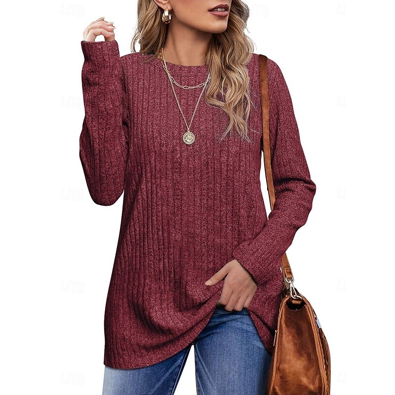Women's Blouse Solid Color Stylish Casual Long Sleeve Crew Neck Regular Tops Daily Black Red Blue Green Khaki Spring Fall Winter4