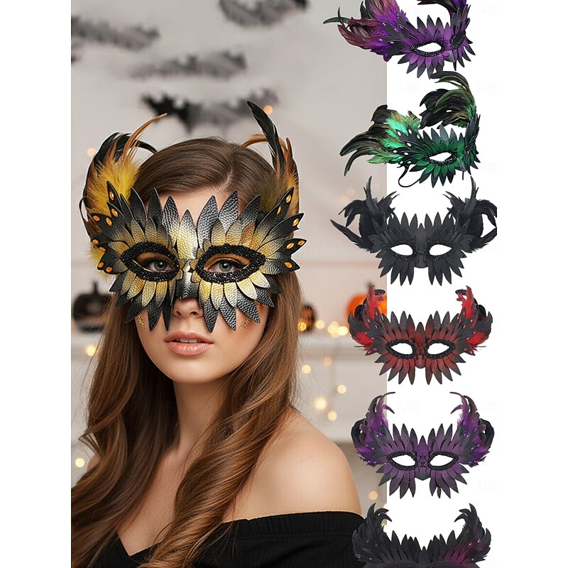 Women's Feather Masquerade Mask with Colorful Plume Design, Elegant Costume Accessory for Halloween Party and Cosplay