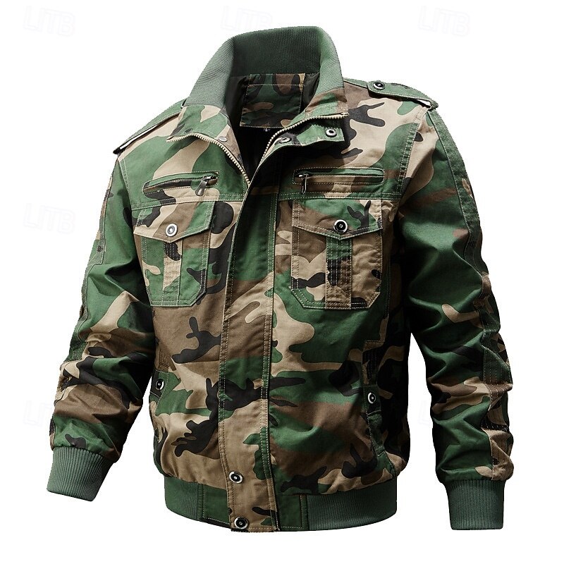 Men's Utility Jacket Cargo Jacket Casual Jacket Vacation Daily Wearproof Pocket Spring Fall Camo / Camouflage Fashion Classic Lapel Regular Black Green Khaki Army Green Jacket