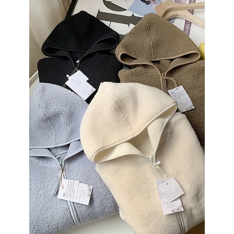 Women's Sherpa Jacket Casual Jacket Hoodie Jacket Comfortable Breathable Zipper Casual Plain Vacation Street Casual Daily Wear Zipper Regular Hooded Regular Fit Long Sleeve Outerwear Light Blue Black