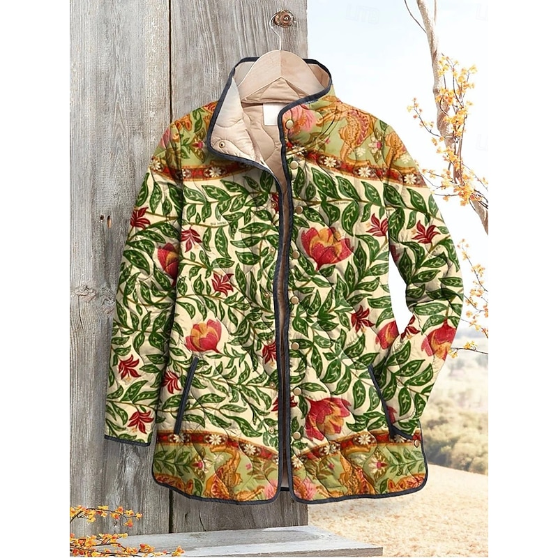 Women's Winter Jacket Puffer Jacket Warm Comfortable Pocket Buttons Print Fashion Daily Outdoor Floral Vacation Casual Daily Single Breasted Regular Stand Collar Regular Fit Long Sleeve Outerwear Red3