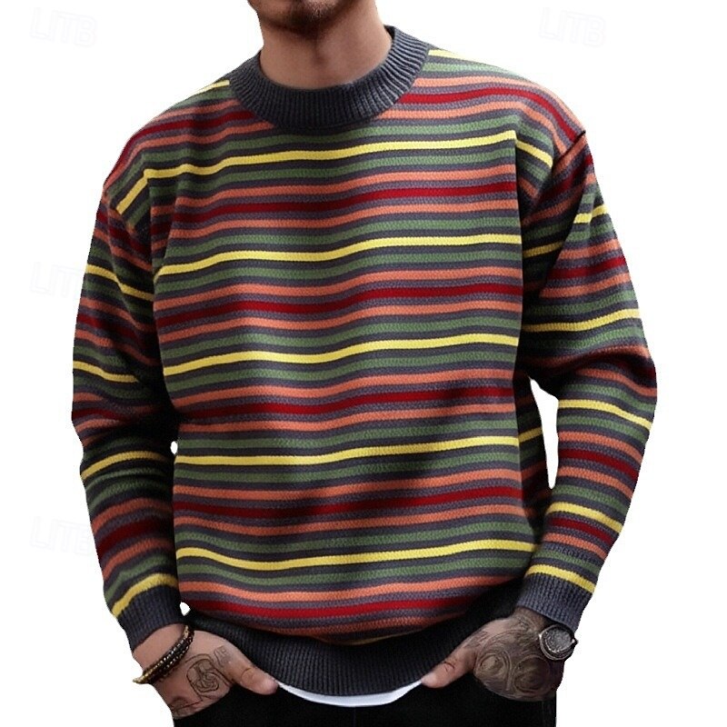 Men's Horizontal Stripes Pullover Sweater Jumper Knitwear Crewneck Casual Vacation Home Street 3D Print Knitting Keep Warm Long Sleeve Spring Fall Winter Red3