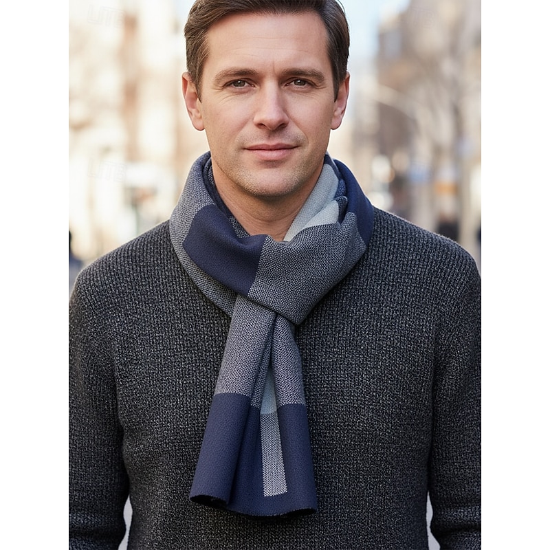Men's Faux Wool Plaid Winter Scarf – Soft Warm Stripe Knit Shawl for Business, Casual Wear and Holiday Gift3