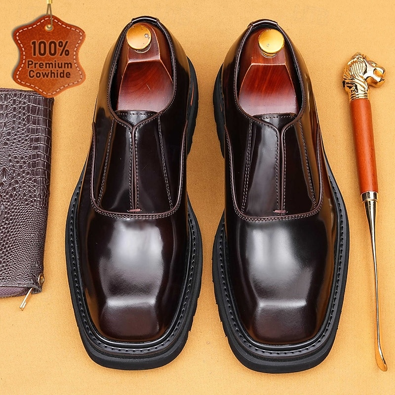 Men's Glossy Brown Leather Loafers – Classic Slip-On Business Shoes with Square Toe for Work, Banquets and Special Occasions