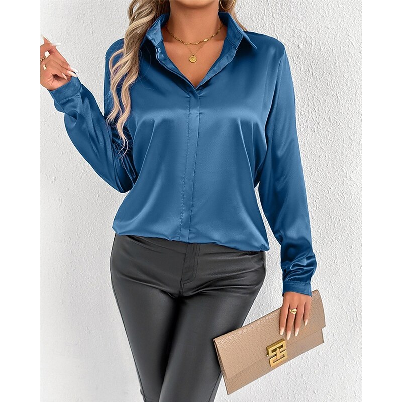 Women's Shirt Elegant Dressy Satin Solid Color Elegant Stylish Basic Long Sleeve Shirt Collar Regular Tops Daily Going out Buttons Red Navy Blue Royal Blue Spring Fall