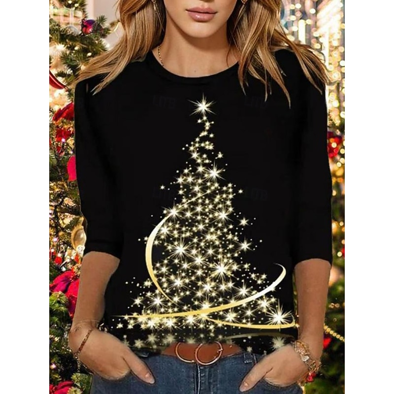Christmas Women's T Shirt Graphic Christmas Tree Vintage Fashion Stylish Long Sleeve Crew Neck Regular Tops Daily Weekend Print Black Red Blue Green Spring Fall Winter2