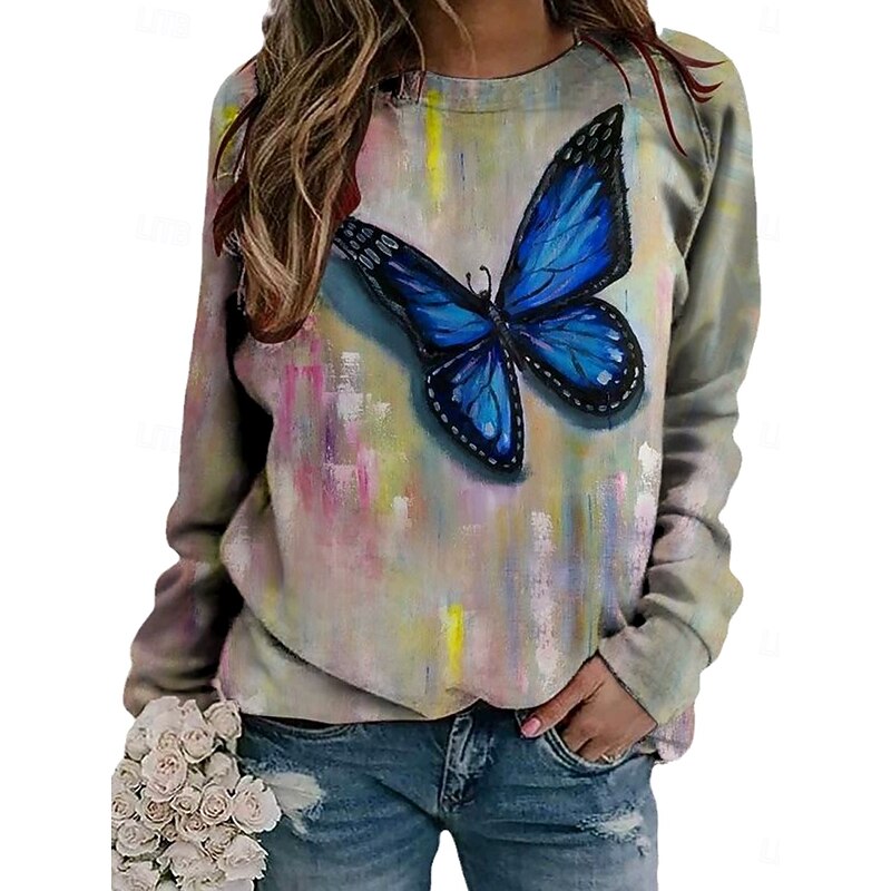 Women's Pullover Graphic Animal Butterfly Casual Long Sleeve Round Neck Regular Tops Casual Blue Light Grey Dark Gray Fall Winter3