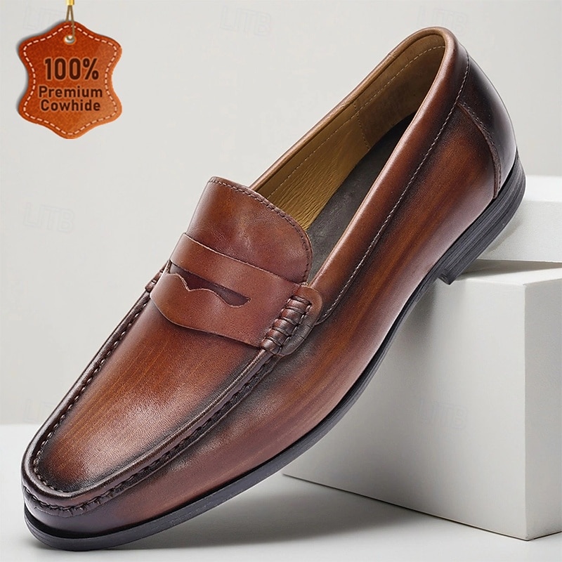 Men's Brown Leather Penny Loafers Slip-On Shoes with Classic Moc Toe Design, Business Formal Dress Style for Office Professionals and Wedding Occasions