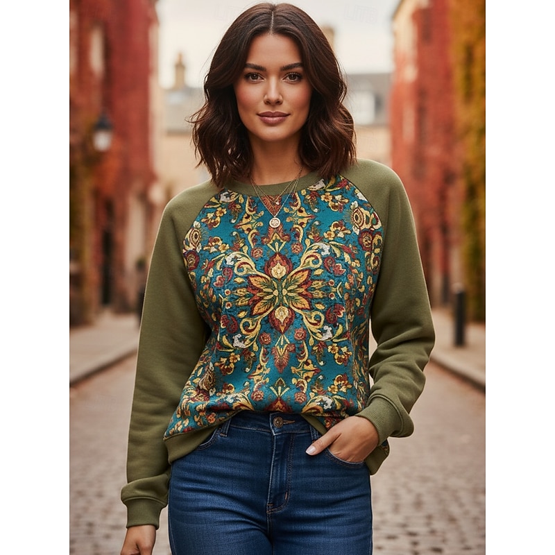 Women's Pullover Sweatshirts Floral Graphic Vintage Streetwear Long Sleeve Round Neck Regular Tops Dailywear Casual Print Wine Purple Orange Green Spring Fall