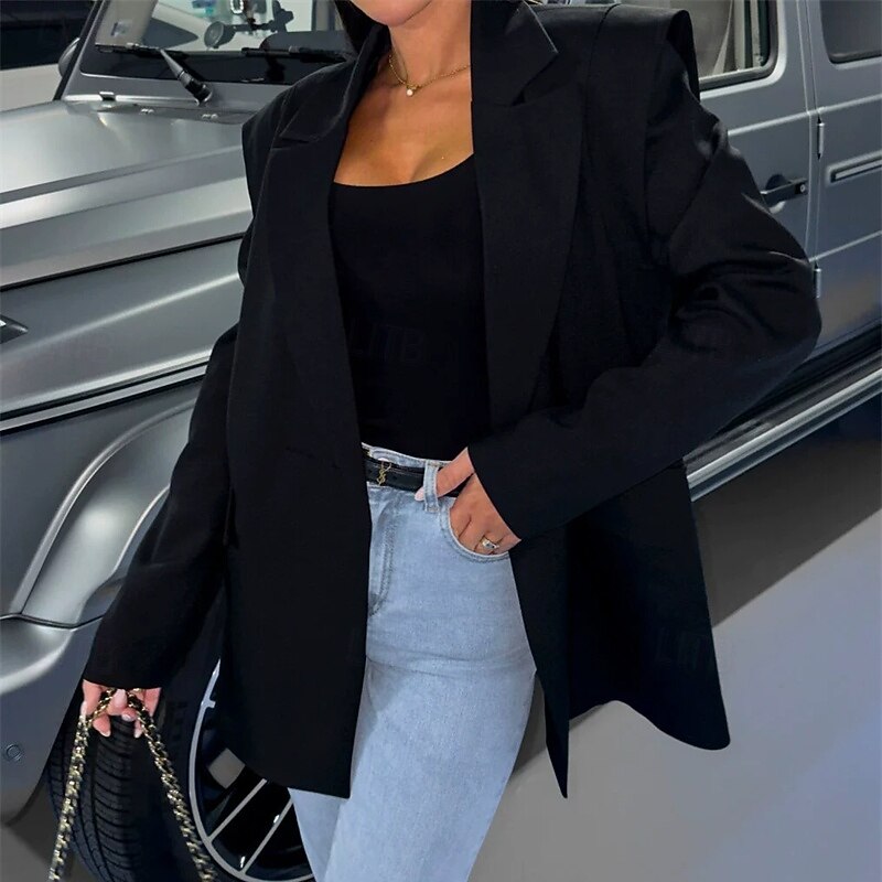 Women's Blazer Comfortable Pocket Buttons Elegant Fashion Outdoor Plain Going out Casual Daily Weekend Cardigan Regular Lapel Regular Fit Long Sleeve Outerwear Black White Red Spring Fall2