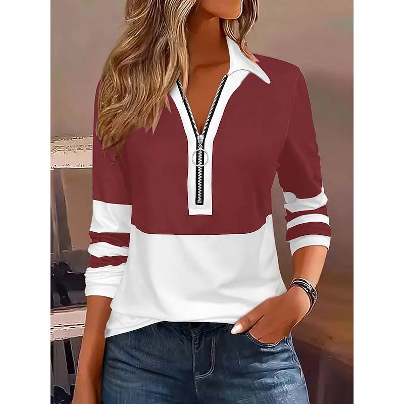 Women's Blouse Geometric Stylish Casual Long Sleeve Shirt Collar Regular Tops Daily Patchwork Zipper Black Wine Light Brown Blue Green Spring Fall4