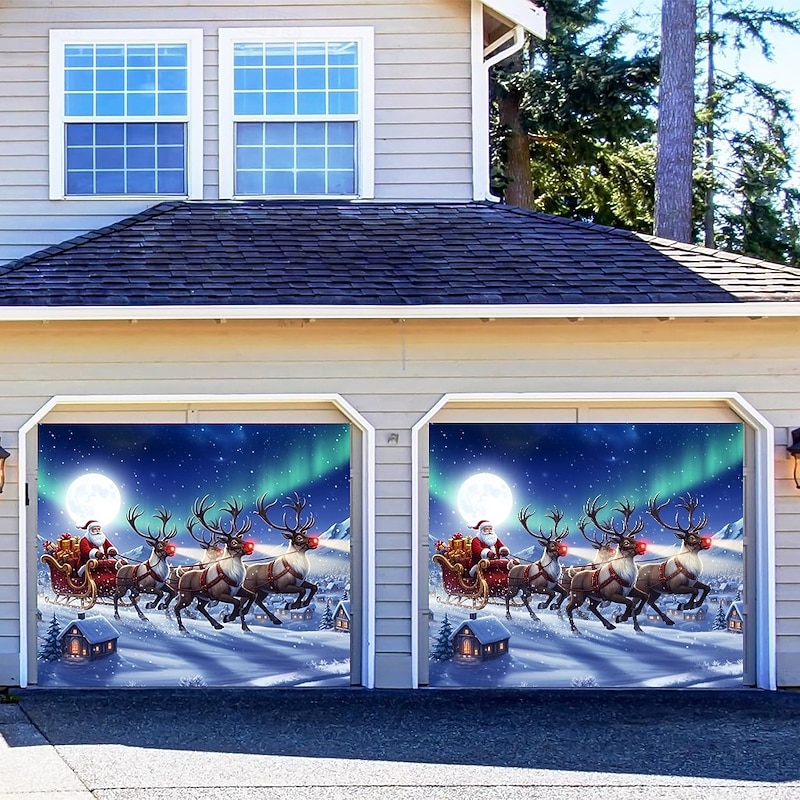 Christmas Garage Door Cover Winter Holiday Decoration Drapes with Santa Claus Reindeer Sleigh Team and Aurora Borealis Print for Home Entryway Living Room Bedroom Indoor Outdoor Festive Seasonal Decor4
