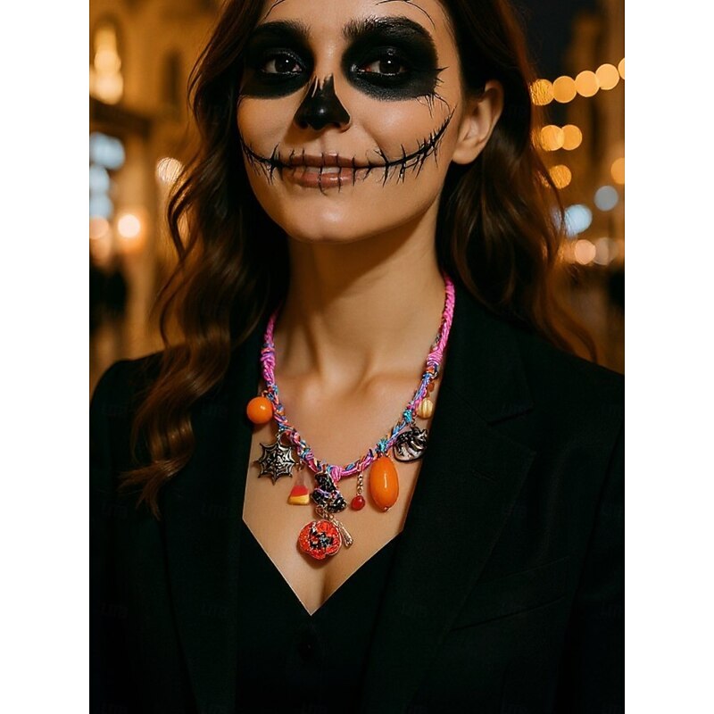 Women's Halloween Charm Necklace - Colorful Woven Choker with Pumpkin, Witch, Spider, and Candy for Halloween Costume Party
