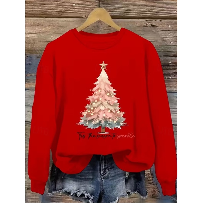 Women's Sweatshirts Graphic Christmas Tree Vintage Casual Long Sleeve Round Neck Regular Tops Street Dailywear Casual Print Pink Red Dark Green Green Fall Winter2