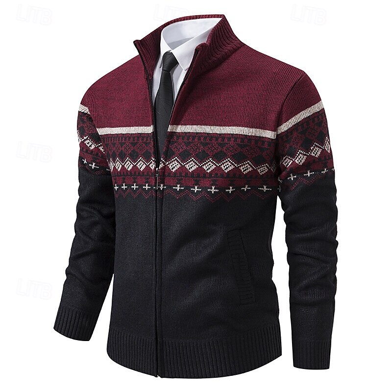 Christmas Men's Diamond Pattern Fair Isle Sweater Zip Sweater Knitwear Stand Collar Casual Vacation Home Daily Zip Up Long Sleeve Fall Winter Wine Blue Light Grey2