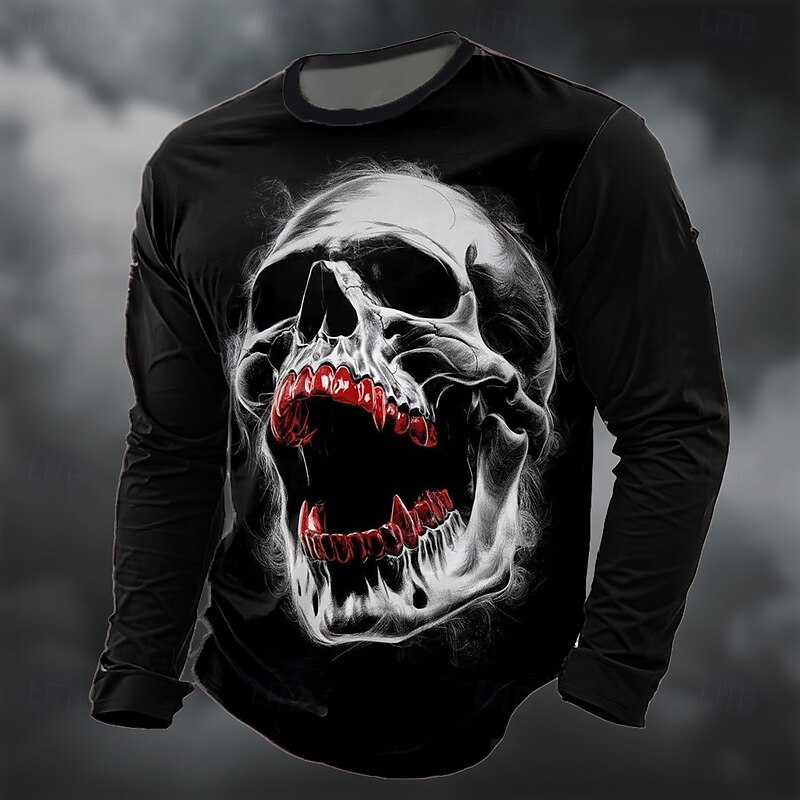Halloween Men's Skull 3D T Shirt Long Sleeve T shirt 3D Print Crew Neck Shirt Fashion Exaggerated Street Casual Daily Blue Green Gray Summer Spring Fall Clothing Apparel S M L XL XXL XXXL