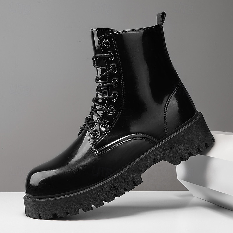 Black High-Gloss Leather Men's Lace-Up Boots with Chunky Sole – A Must-Have for Motorcyclists, Rock Enthusiasts, Casual Street Style and Trendy Fashion