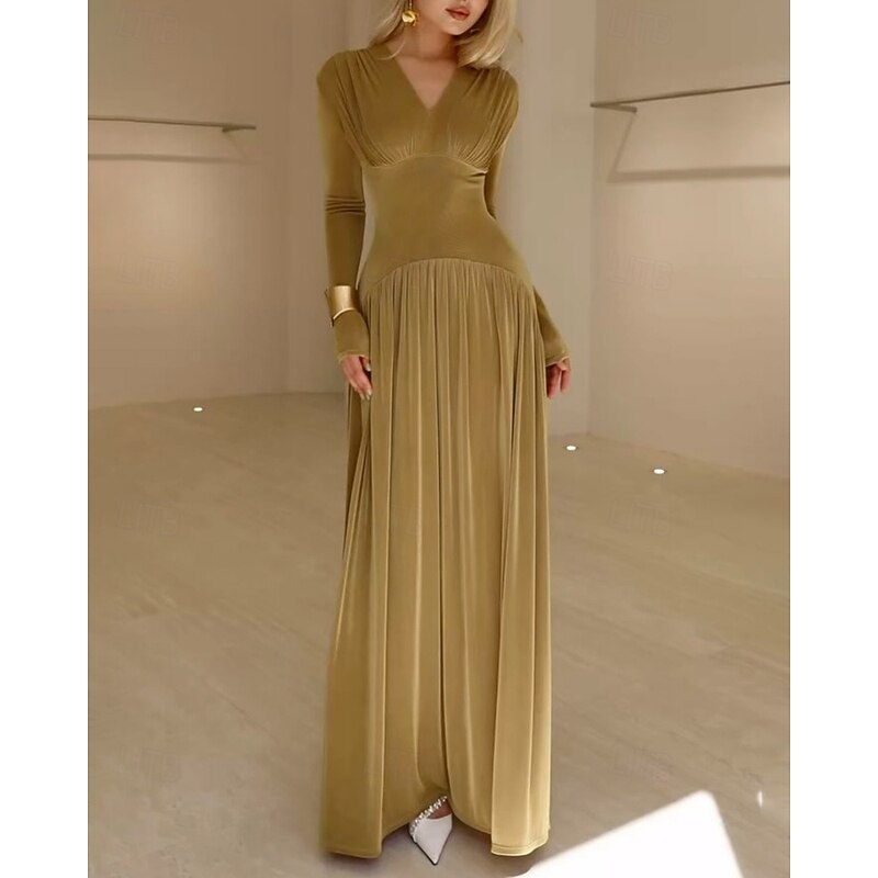 Women's Long Dress Maxi Dress Velvet Dress Prom Dress Party Dress Cocktail Dress Elegant Modern Party Evening Party Regular Fit Plain Long Sleeve V Neck Brown Khaki Fall Winter2
