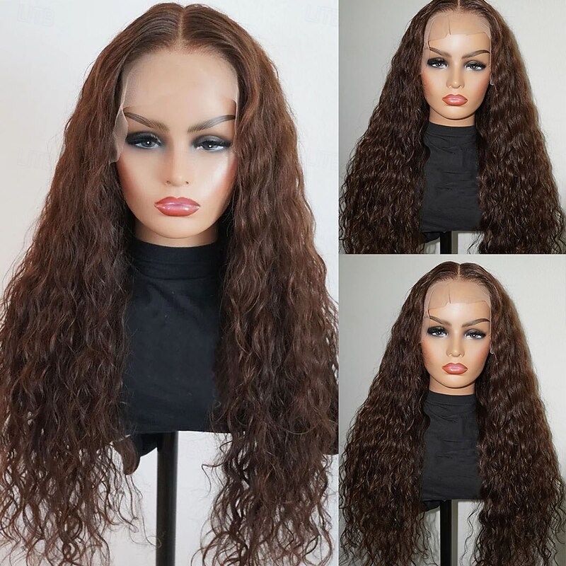 Brazilian 100% Virgin Hair 5x5 Lace Closure Wigs Curly Water Wave 13x4 Lace Front Human Hair Wig Brown Auburn Colored Wig with Baby Hair Natural Hairline Glueless Pre-Plucked For Women3