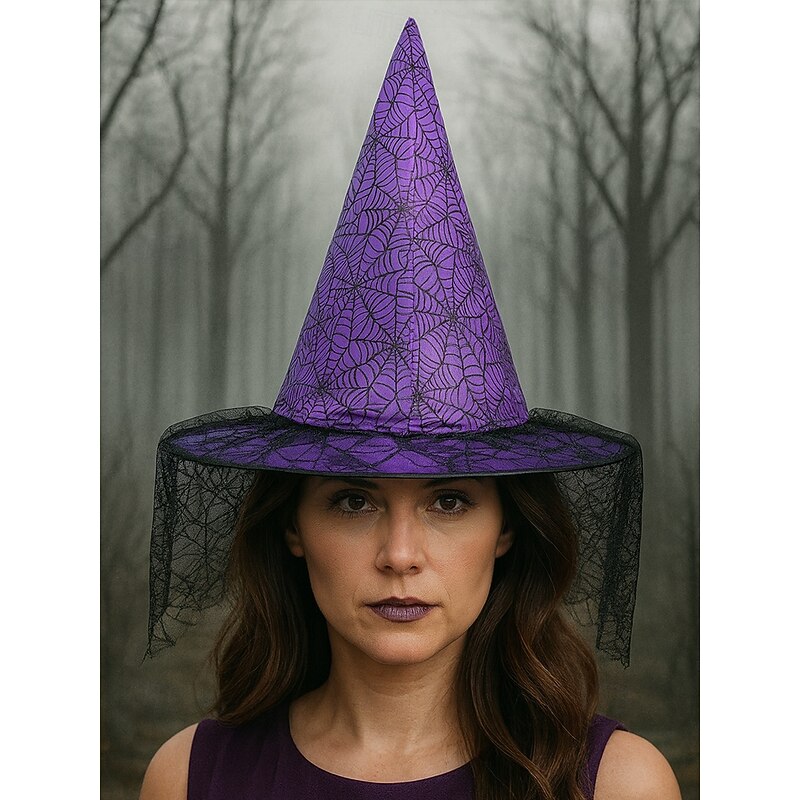 Women's Halloween Witch Hat with Spider Web Veil – Pointed Cosplay Costume Accessory in Multiple Colors for Party and Festival3