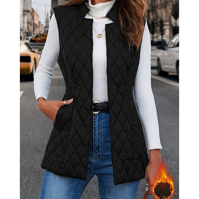Women's Puffer Jacket Quilted Jacket Casual Jacket Waterproof Comfortable Zipper Pocket Casual Plain Vacation Street Casual Daily Wear Zipper Long Turndown Regular Fit Sleeveless Outerwear Black4