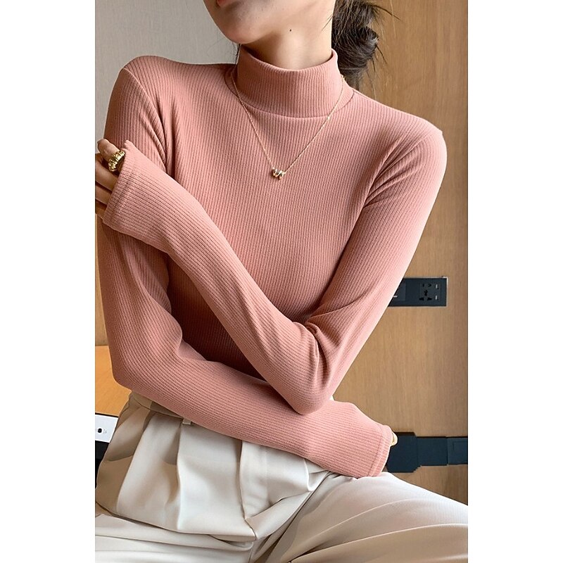 Women's Sweater Elegant Casual Soft Pure Color Ribbed Turtleneck Knitted Long Sleeve Regular Tops Knit Outdoor Daily Weekend Black White Fall Winter3