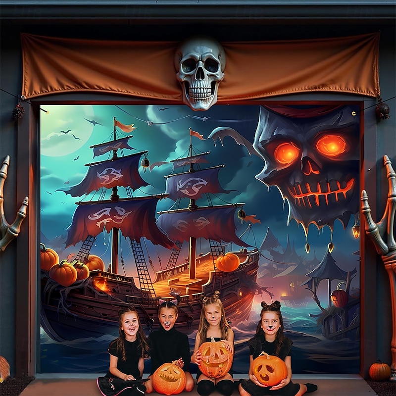 Halloween Tapestry Garage Door Cover Large Hanging Backdrop Skeleton Pirate Ship Fantasy Dark Punk Gothic Style Party Outdoor Shooting Backgrounds Yard Haunted House Home Decor - Main Image