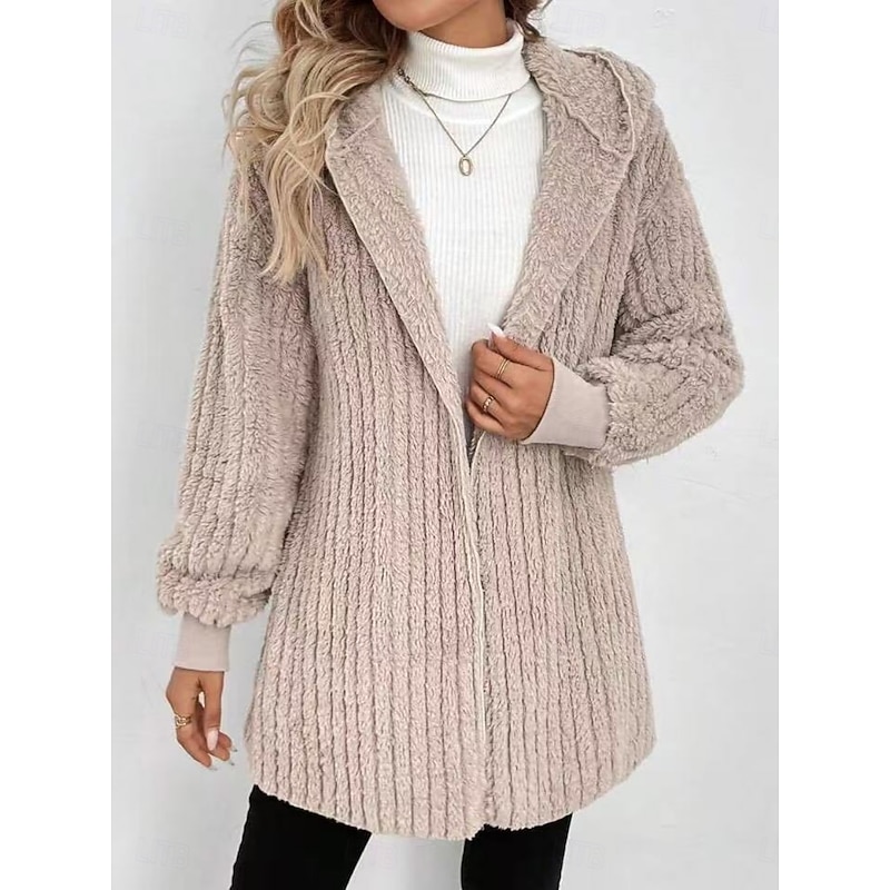 Women's Sherpa Jacket Comfortable Breathable Pocket Open Front Casual Plain Vacation Street Casual Daily Wear Open Front Regular Hooded Regular Fit Long Sleeve Outerwear Khaki Spring Fall3