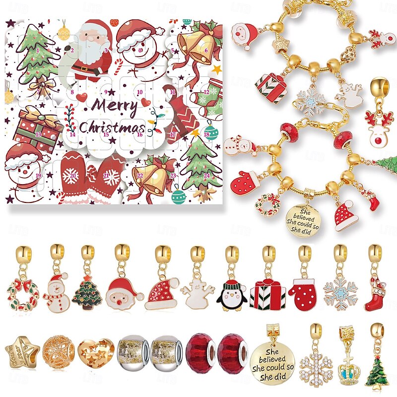Christmas Advent Calendar Bracelets 2025 for Girls 24 Days Xmas Countdown Calendar DIY Jewelry Making Kit Gift 22 Charm Beads 1 Bracelets 1 Necklace for Kids Teens Women2